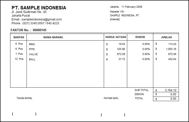  Contoh  Faktur  Penjualan Software Zahir Accounting