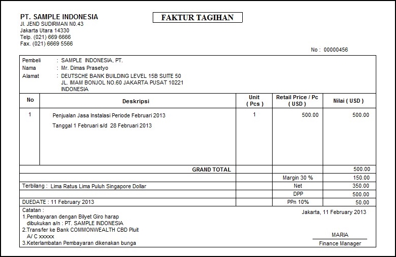 Contoh Faktur Penjualan Software Zahir Accounting