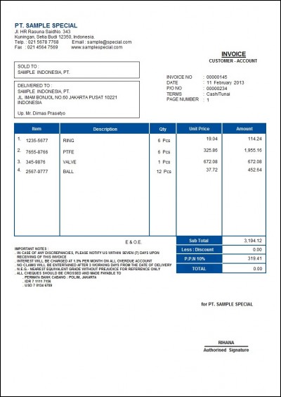 Contoh Faktur Penjualan - Software Zahir Accounting