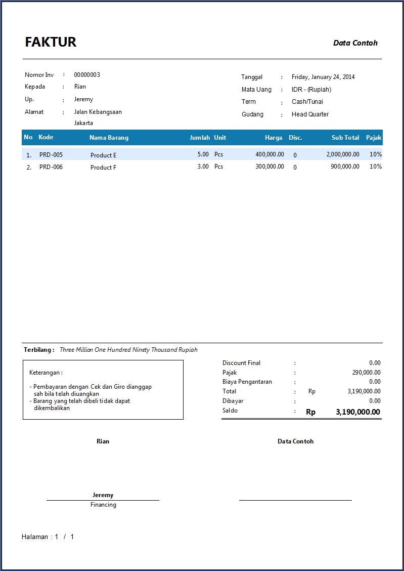Contoh Invoice - Software Akuntansi Zahir Accounting