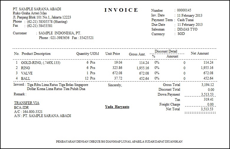 Contoh Invoice - Software Akuntansi Zahir Accounting