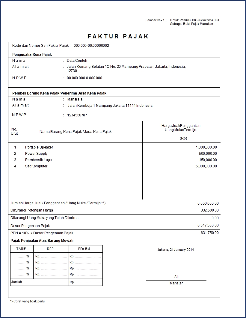 Contoh Faktur Pajak - Software Zahir Accounting