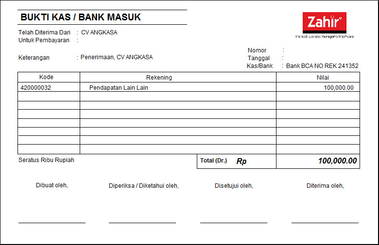 Contoh Faktur Voucher Kas Masuk Software Akuntansi Zahir Accounting