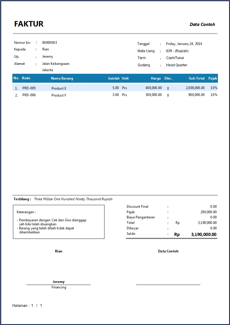 Contoh Faktur Penjualan  Software Zahir Accounting